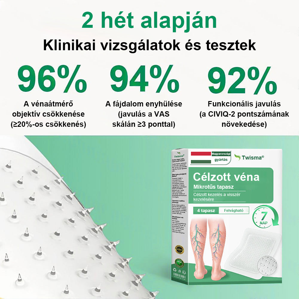 Twisma® VeinTarget – Fejlett mikro tapasz a visszerekre 🔥 96% klinikailag igazolt hatékonyság ⚡ Látható eredmények már 7–14 nap alatt 🌿 Kíméletes támogatás a könnyebb és felszabadult lábakért  🦵