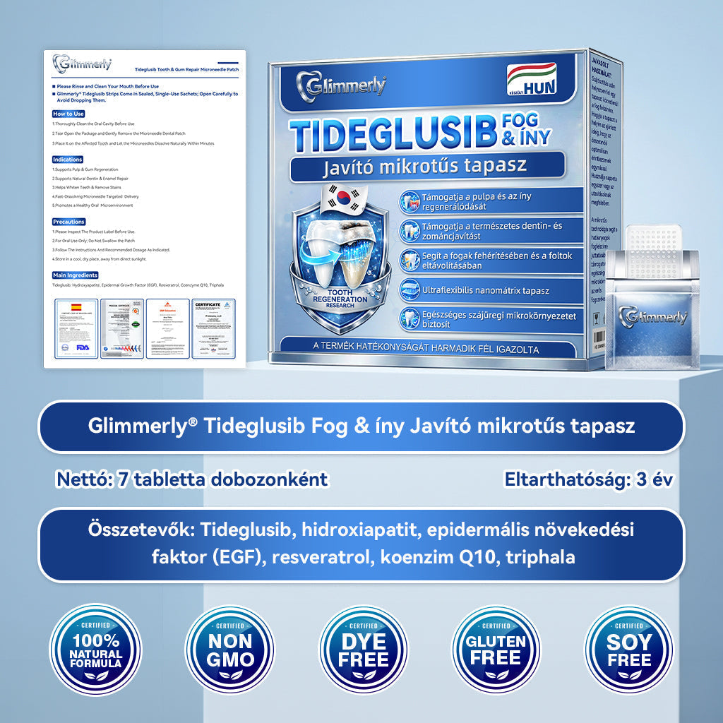🦷🦷𝐆𝐥𝐢𝐦𝐦𝐞𝐫𝐥𝐲® Tideglusib Fog & íny Javító mikrotűs tapasz | Fejlett őssejt-aktiváló fogcsíkok (újjáépíti a fogzománcot és a dentint • erősíti az ínyt • megszünteti a fogkövet és a szagokat • megállítja a fogérzékenységet)) 3.0