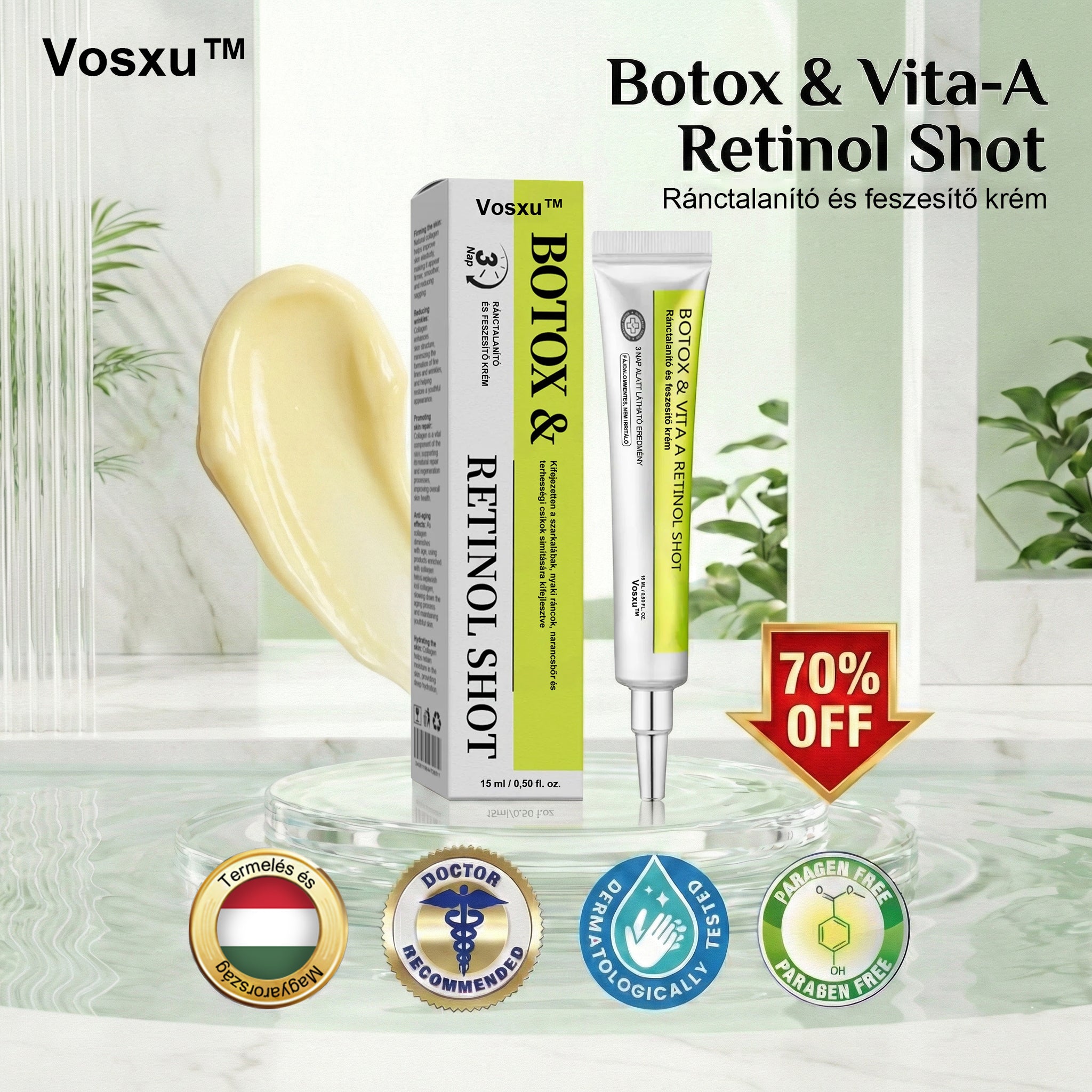 ✨ Vosxu™ Botox & Vita-A Retinol Shot ráncfelvarró szérum ✨ – 💉 Mikro-tűk | 💪 Botox-szerű peptidek | 🌿 Retinol | ⚡ Látható eredmények már 3 nap alatt 🌸