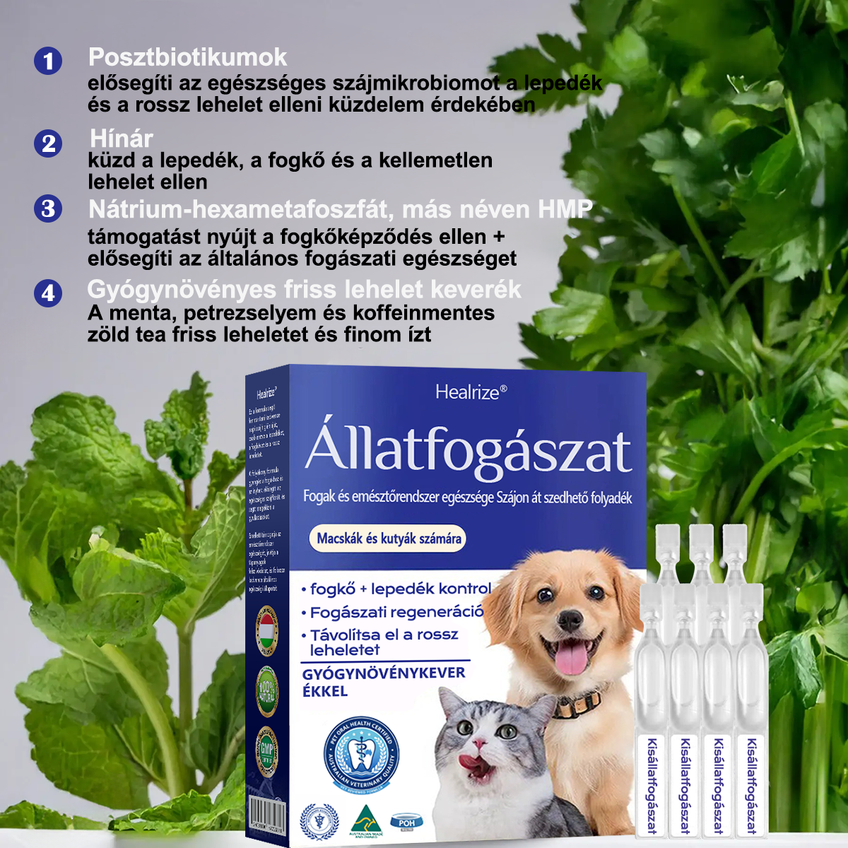 ✨🐶🐱[ Hivatalos Áruház] Healrize® Állati Fogászati és Emésztési Egészséget Támogató Orális Folyadék – Friss lehelet, fogkő eltávolítása és ínyregeneráció támogatása, a fogak stabilizálása (macskáknak és kutyáknak) – Ma 70% kedvezmény!